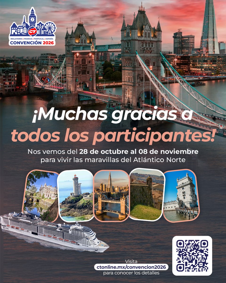 CTInternacional's tweet photo. ¡Listos para la Convención CT 2026 🛳!
Gracias a todos los que hacen posible este evento con su participación 👥. Nos vemos del 28 de octubre al 8 de noviembre 📆 para vivir las Maravillas del Atlántico Norte 🇬🇧

Las mejores experiencias solo con CT https://t.co/50QwpbtCZA