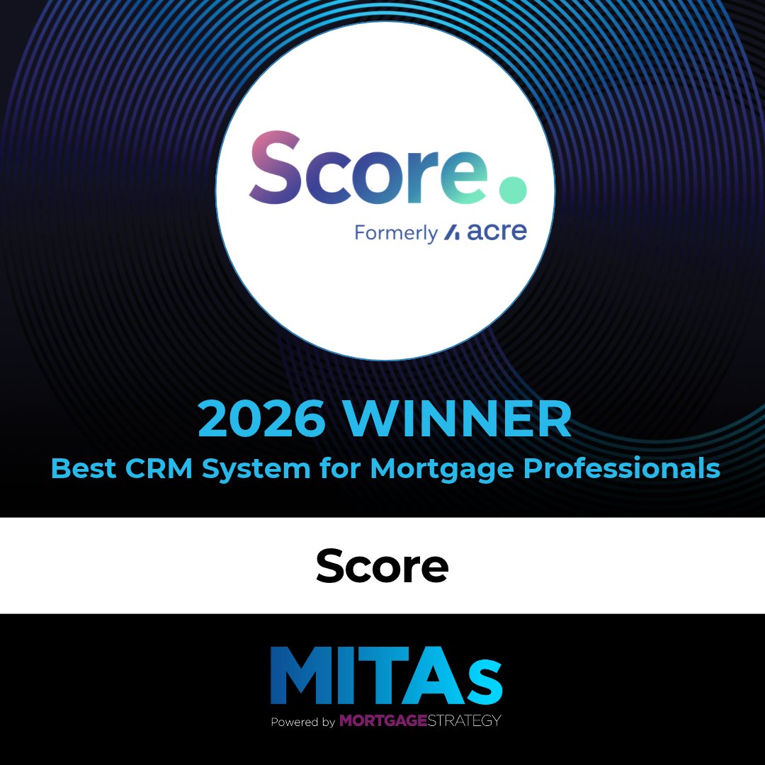 scoremortgage's tweet photo. We've been named Best CRM System for Mortgage Professionals at @MortgageStrat's Mortgage Innovation &amp; Technology Awards! 🏆

Huge thanks to our team, users and partners.

Come say hello as we collect the trophy at MIT Live on Tue 13 Oct 👋 #MITAs26 #MITLive2026 https://t.co/QLPfXoxlSy
