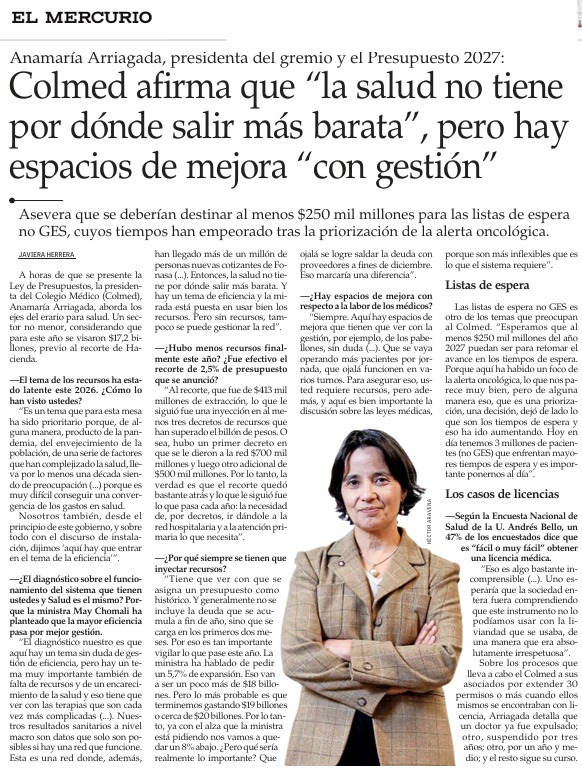 colmedchile's tweet photo. [#ColmedEnLosMedios] Nuestra Pdta. Dra. Anamaría Arriagada, se refirió en El Mercurio, al Presupuesto 2027.
Colmed afirma que “la salud no tiene por dónde salir más barata”, pero hay espacios de mejora “con gestión”.
Asevera que se deberían destinar al menos $250 mil millones para las listas de espera no GES, cuyos tiempos han empeorado tras la priorización de la alerta oncológica
➡️ https://t.co/B6tYvs5p0Q