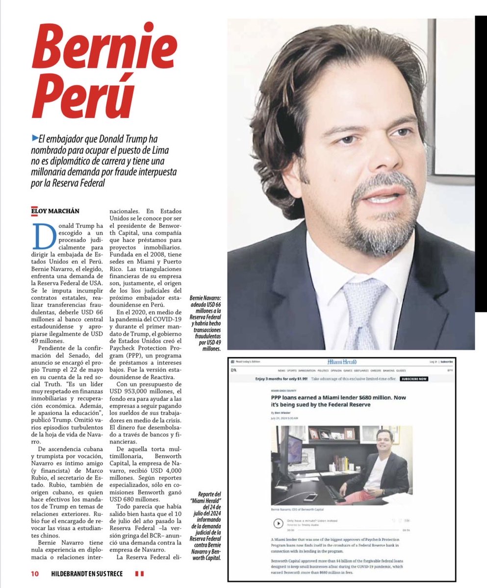 eloymarchan's tweet photo. Es inadmisible que el embajador de Estados Unidos pida el cierre de @ensustrece y ataque a su director. No se puede permitir esa injerencia extranjera contra cualquier periodista peruano. Acá tres reportajes que podrían haber motivado el odio de “Bernie” Navarro al semanario: https://t.co/Q8KVu2VPn3
