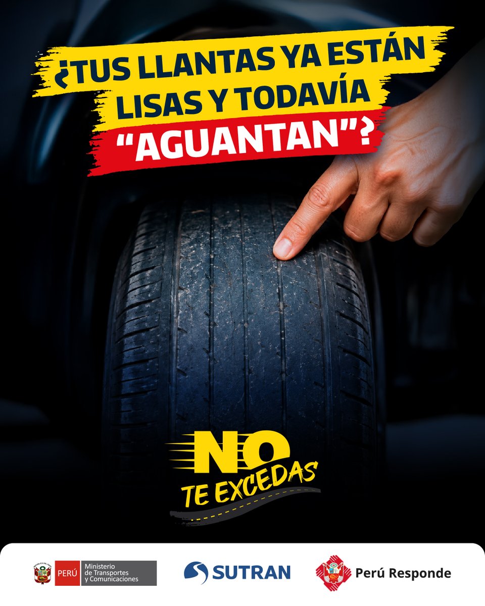 sutranperu's tweet photo. 🛞No esperes a perder el control para revisar tus llantas👀
El desgaste de los neumáticos reduce el agarre y puede hacer más difícil controlar el vehículo, sobre todo ante una frenada o una vía mojada. Revísalos a tiempo y evita riesgos en el camino.

#SutranTeRecuerda https://t.co/k9XqDgU5cI