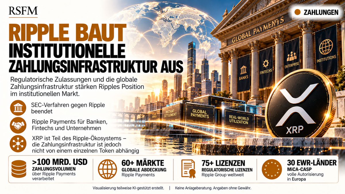 RSFM_Official's tweet photo. ◉ RIPPLE BAUT SEINE INSTITUTIONELLE ZAHLUNGSINFRASTRUKTUR WEITER AUS

Während der Markt häufig nur auf den XRP-Kurs blickt, entsteht im Hintergrund eine deutlich größere Infrastruktur.

Ripple positioniert sich zunehmend als regulierter Anbieter für globale Blockchain-basierte Zahlungsabwicklung.

Die Dimension ist inzwischen beachtlich:

→ über 100 Mrd. USD Zahlungsvolumen über Ripple Payments verarbeitet
→ globale Abdeckung in mehr als 60 Märkten
→ über 75 regulatorische Lizenzen weltweit
→ vollständige MiCA-CASP-Autorisierung für den gesamten EWR mit 30 Ländern

Hinzu kommt ein wichtiger regulatorischer Meilenstein:

Das jahrelange SEC-Verfahren gegen Ripple ist beendet. SEC und Ripple zogen ihre Berufungen bereits 2025 zurück.

Für uns ist dabei eine Unterscheidung besonders wichtig:

Ripple ≠ XRP.

XRP ist Bestandteil des Ripple-Ökosystems, aber Ripple Payments ist nicht von einem einzelnen Token abhängig.

Genau deshalb ist die Entwicklung trotzdem relevant für XRP:

Je stärker Ripple seine regulatorische Infrastruktur, institutionellen Beziehungen und globale Zahlungsabwicklung ausbaut, desto größer wird das gesamte Ökosystem, in dem XRP als digitales Asset eine Rolle spielen kann.

Die entscheidende Frage für die kommenden Jahre lautet daher nicht nur:

„Wie entwickelt sich der XRP-Kurs?“

Sondern:

Wie viel des traditionellen internationalen Zahlungsverkehrs wandert tatsächlich auf Blockchain-basierte Infrastruktur?

Genau dort entscheidet sich der langfristige wirtschaftliche Wert dieses Trends.

#XRP #Ripple #Crypto