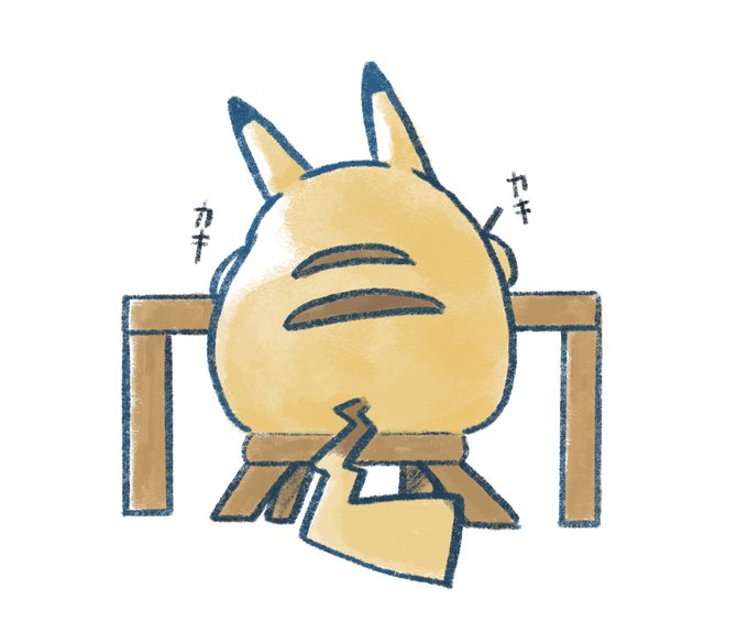 A cute illustration of a round, yellow character with horns sitting at a wooden desk with a cracked mug, with Japanese text 'カキ' (scratching sounds) on either side.