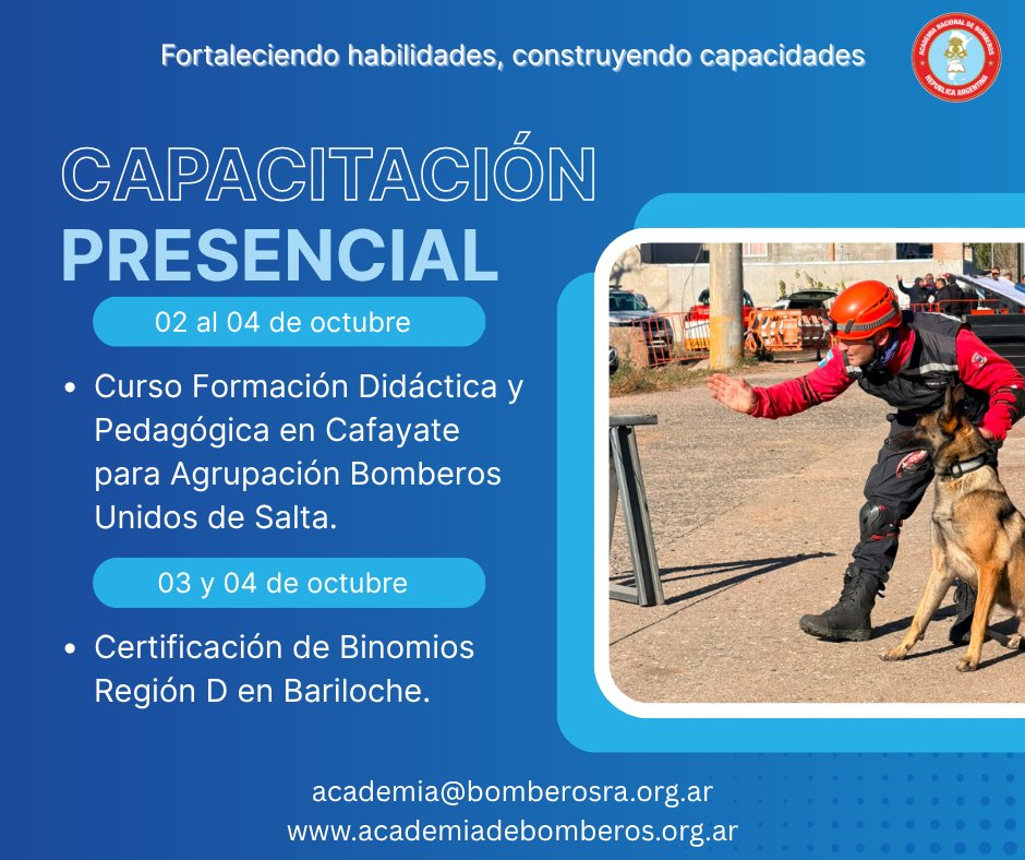 bomberosRA's tweet photo. Este finde, los #BomberosVoluntarios de Agrupación Bomberos Unidos de Salta se formarán en #PedagogíaYDidáctica en Cafayate 🚒.
Mientras que binomios de la Región D (Chubut, Río Negro y Neuquén) se estarán certificando en Bariloche ¡esperamos que sean excelentes instancias! https://t.co/wwsSNMEBeY
