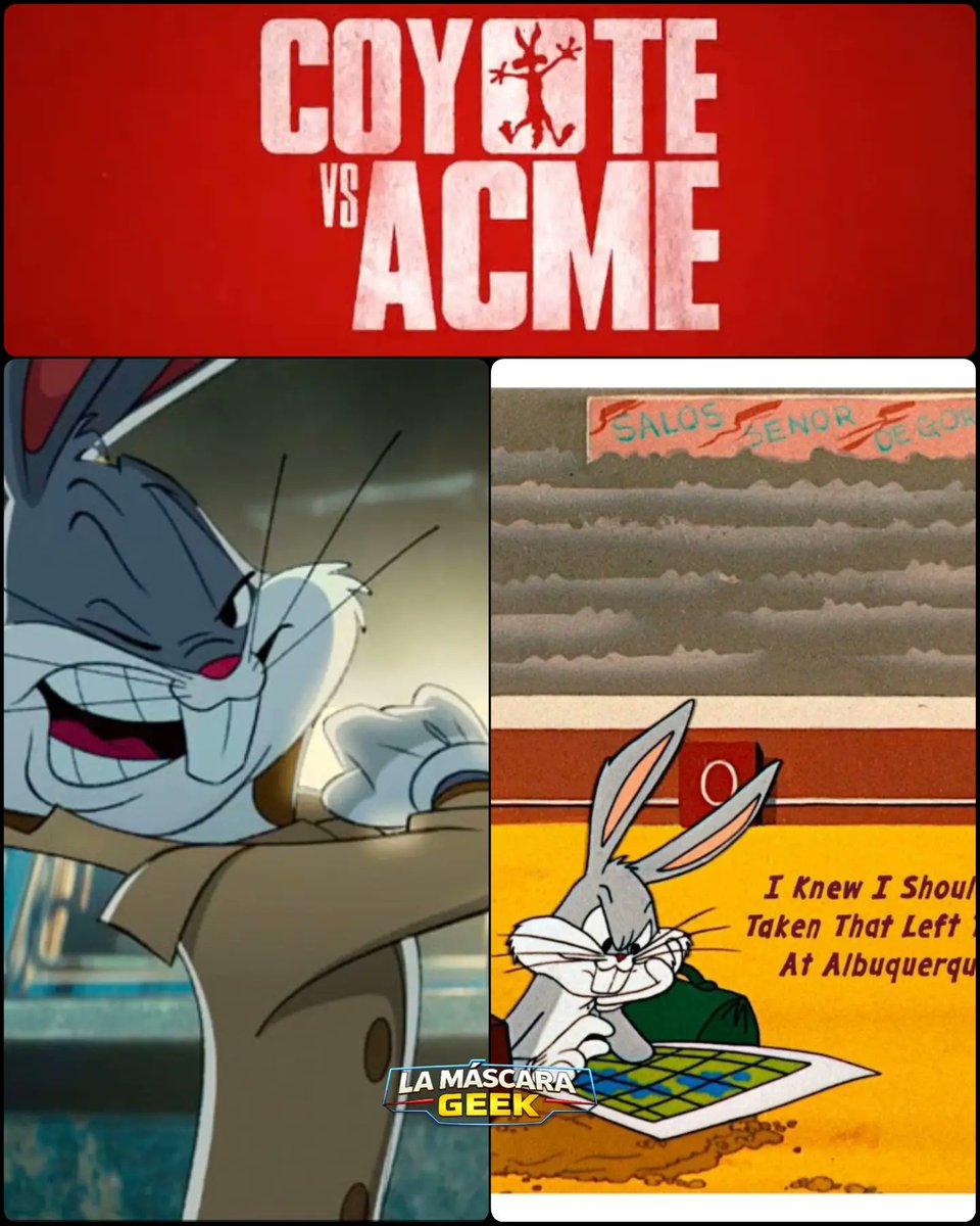 MaryGreew's tweet photo. Photo by La Máscara Geek on August 31, 2026. A poster with text referencing Wile E. Coyote: “I knew I should’ve taken that left at Albuquerque. https://t.co/NTEJJSvjB0