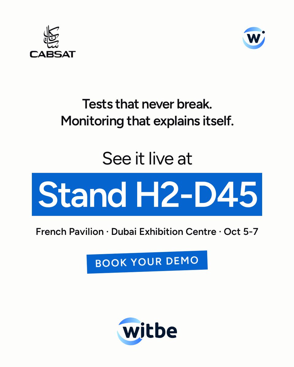 witbe's tweet photo. CABSAT 2026 opens today. 

Bring your questions 🎯  
📺 Can you test our LG C2? 
🔧 Why do our tests keep breaking? 
🚨 Can we trust every alarm? 
🎛️ Do we lose control with AI?  

📍 Stand H2-D45, French Pavilion · Oct 5-7 
Book your demo 👉 https://t.co/PTv7yK7C6n #CABSAT2026 https://t.co/FVXxFg4Gld