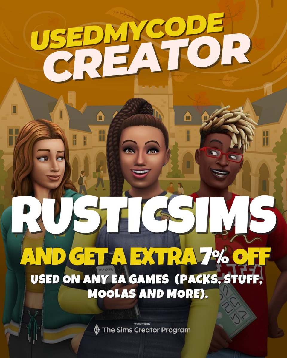 rusticsims's tweet photo. Simmers, save 7%🎉 when shopping on the 
EA App by using my creator code: 

✨RUSTICSIMS ✨

Get an extra 7% off eligible Expansion Packs,Stuff, Kits and more. 

Using my creator code supports me with that small percentage

Valid from 01 October to 8th
#Ad #SponsoredbyEA https://t.co/4VxHbdN11c