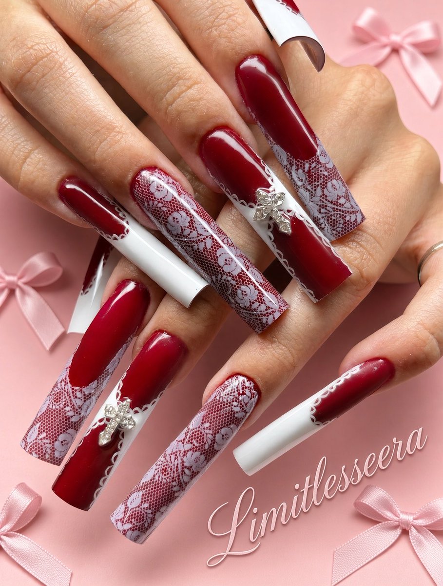 limitlesseera's tweet photo. Deep burgundy, white lace, and a little cross energy. https://t.co/2F5zYUJveW
