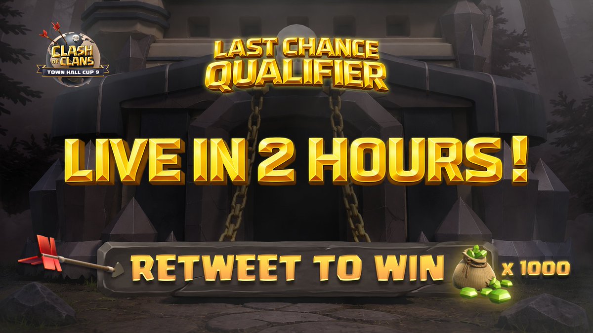 CoCEsports's tweet photo. The TH 9 LCQ starts in 2 HOURS! 🔥 

📺 https://t.co/HKnNXA4OMb

🔁  RETWEET this post and your village could become 1,000 gems richer! 💎 https://t.co/YzCj8RKdhe