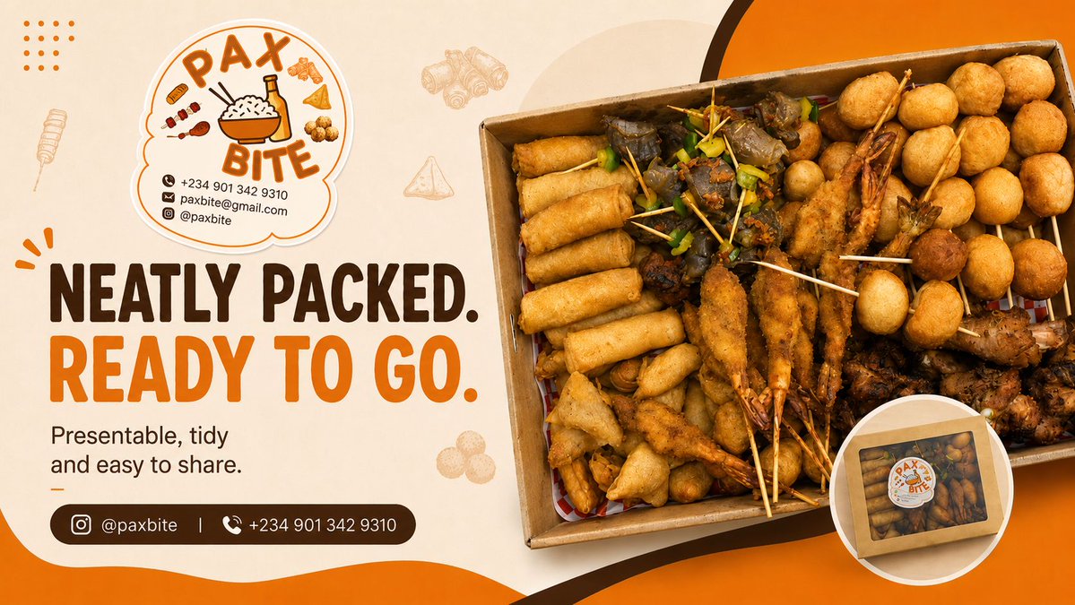 paxbite's tweet photo. Neatly packed. Ready to go. π§‘
Small chops for your next gathering, packed for easy carrying and sharing. Celebrate with PAXBITE π
DM @paxbite or WhatsApp +234 901 342 9310 to discuss your order.
#Paxbite #SmallChops #Cravings #Events #Parties #Birthdays #Weddings #Yum #Food https://t.co/tqOfUMsgFn
