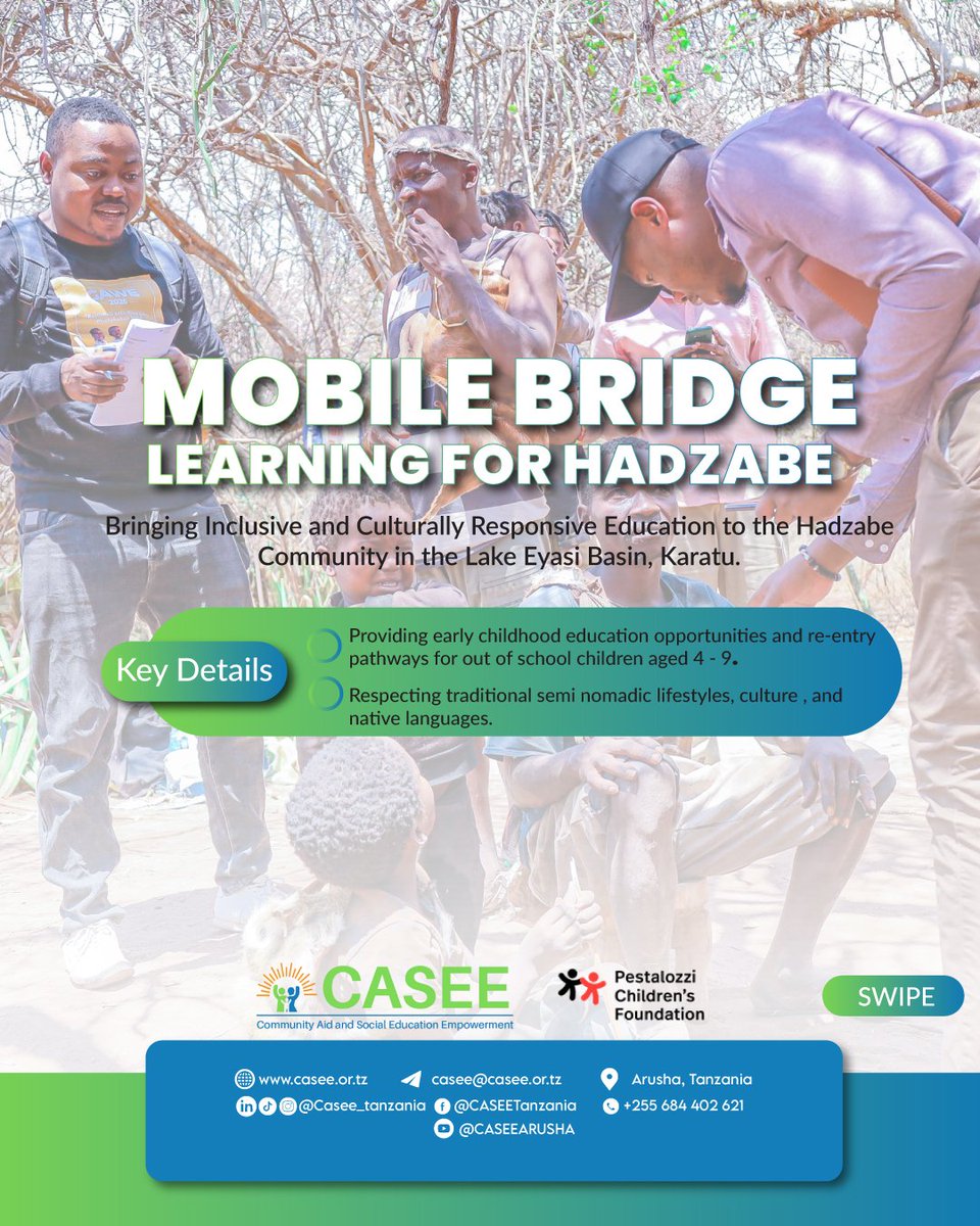 CASEE_tz's tweet photo. Education is every child's right! .

Through the Mobile Bridge Learning for Hadzabe initiative, we are bringing inclusive, culturally responsive education directly to the Hadzabe community in the Lake Eyasi Basin, Karatu. We are working together to bridge environmental and https://t.co/l6mLkCCxyY