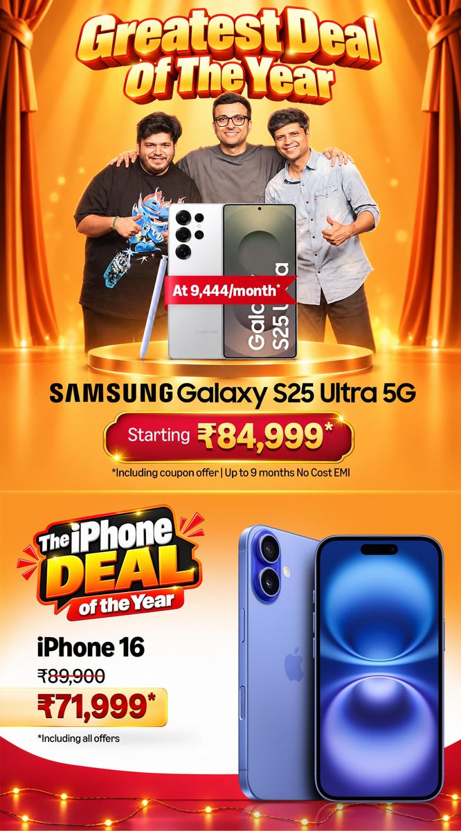 AHSANKHARBAI's tweet photo. Samsung Galaxy S25 Ultra at ₹84,999* during Amazon GIF 🔥

Other deals:
Galaxy Z Fold 7: ₹1,29,999*
iPhone 16: ₹71,999*
Xiaomi 17: ₹59,999*
iQOO 15R: ₹46,499*
OnePlus Nord 6: ₹42,999*
OnePlus Nord CE 6: ₹33,999*
Galaxy A56: ₹31,999*
iQOO Z11xa: ₹24,999*

I think Amazon GIF has much better pricing than Flipkart BBD.
Samsung Galaxy S25 Ultra & Xiaomi 17 are both really good deals.

Feel free to ask your questions.