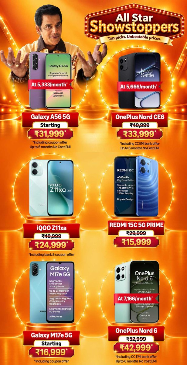 AHSANKHARBAI's tweet photo. Samsung Galaxy S25 Ultra at ₹84,999* during Amazon GIF 🔥

Other deals:
Galaxy Z Fold 7: ₹1,29,999*
iPhone 16: ₹71,999*
Xiaomi 17: ₹59,999*
iQOO 15R: ₹46,499*
OnePlus Nord 6: ₹42,999*
OnePlus Nord CE 6: ₹33,999*
Galaxy A56: ₹31,999*
iQOO Z11xa: ₹24,999*

I think Amazon GIF has much better pricing than Flipkart BBD.
Samsung Galaxy S25 Ultra & Xiaomi 17 are both really good deals.

Feel free to ask your questions.