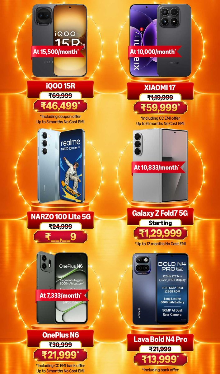 AHSANKHARBAI's tweet photo. Samsung Galaxy S25 Ultra at ₹84,999* during Amazon GIF 🔥

Other deals:
Galaxy Z Fold 7: ₹1,29,999*
iPhone 16: ₹71,999*
Xiaomi 17: ₹59,999*
iQOO 15R: ₹46,499*
OnePlus Nord 6: ₹42,999*
OnePlus Nord CE 6: ₹33,999*
Galaxy A56: ₹31,999*
iQOO Z11xa: ₹24,999*

I think Amazon GIF has much better pricing than Flipkart BBD.
Samsung Galaxy S25 Ultra & Xiaomi 17 are both really good deals.

Feel free to ask your questions.