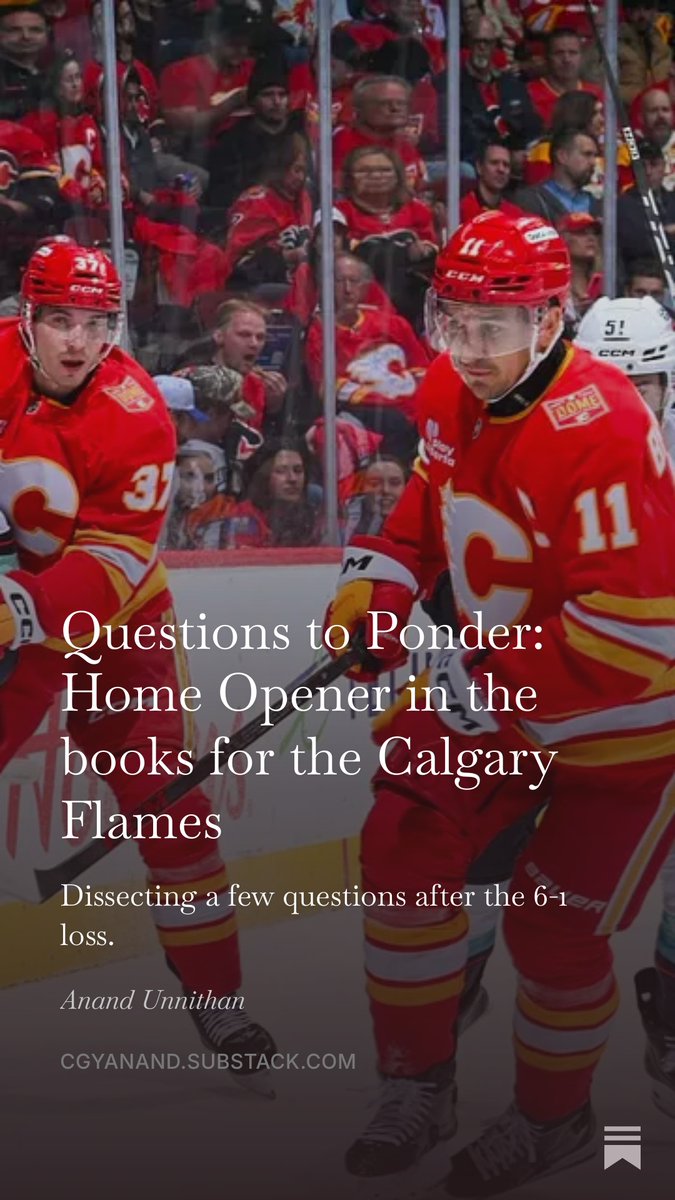 CGY_Anand's tweet photo. NEW! Questions to Ponder: Home Opener in the books for the Calgary Flames! 

I dove into 4 questions after watching last night's game. 

Read more: https://t.co/8LiJBVwUgo 

#Flames #hockey #NHL https://t.co/EjiQwVAcJ5