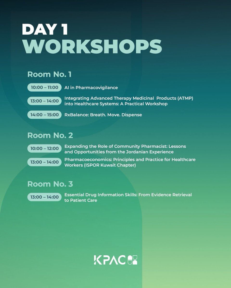 KPAC_Kwt's tweet photo. KPAC 2026 | DAY 1 & 2 WORKSHOPS SCHEDULE
π
Friday & Saturday, 16-17 October 2026
π Sheikh Jaber Al-Ahmad Cultural Centre
Registration is now open! Secure your spot through the link in our bio.
#KPAC2026 #PharmacyInMotion #Pharmacy #Workshops #Kuwait https://t.co/VtTv4jKeNe