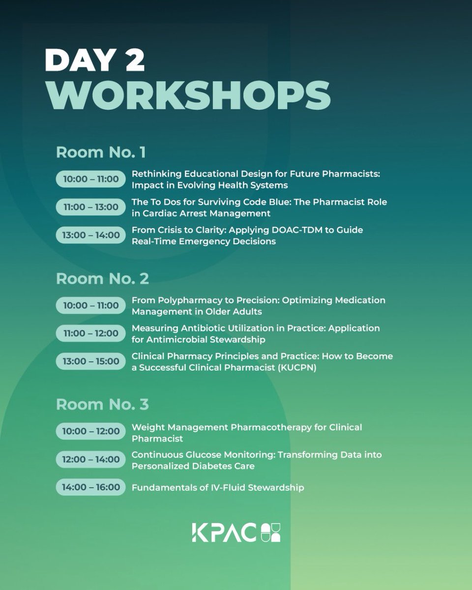 KPAC_Kwt's tweet photo. KPAC 2026 | DAY 1 & 2 WORKSHOPS SCHEDULE
π
Friday & Saturday, 16-17 October 2026
π Sheikh Jaber Al-Ahmad Cultural Centre
Registration is now open! Secure your spot through the link in our bio.
#KPAC2026 #PharmacyInMotion #Pharmacy #Workshops #Kuwait https://t.co/VtTv4jKeNe