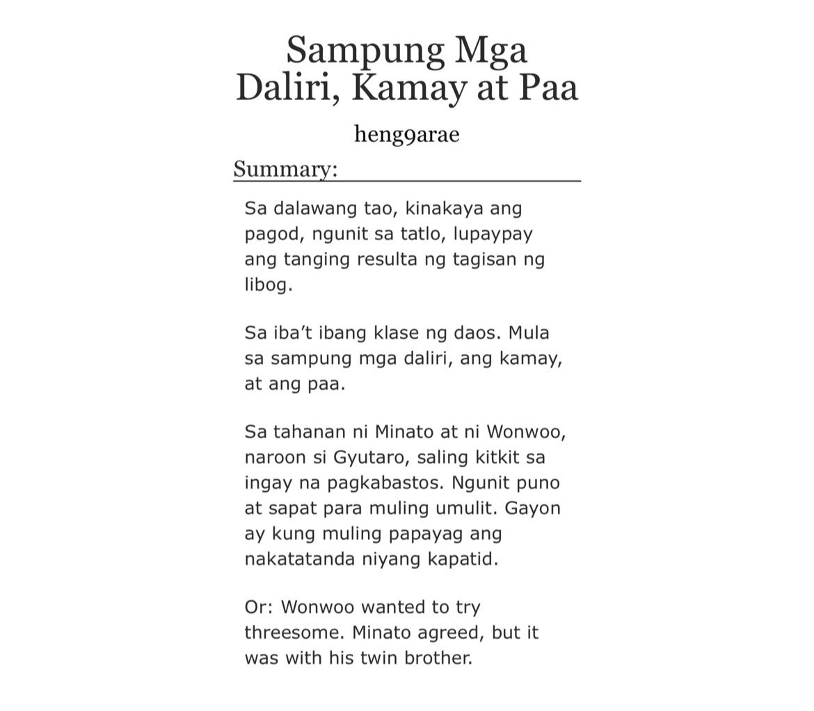 heng9arae's tweet photo. Sampung Mga Daliri, Kamay at Paa 🔞

KINKTOBER DAY 2 ENTRY!

🪽 please read the tags before consuming!

🏷️ threesome, minwongyu, fisting, foot fetish, anal sex, embarrassment, detailed sex
🔗https://t.co/Bcr5CXK9kk https://t.co/7x69iJQd9k