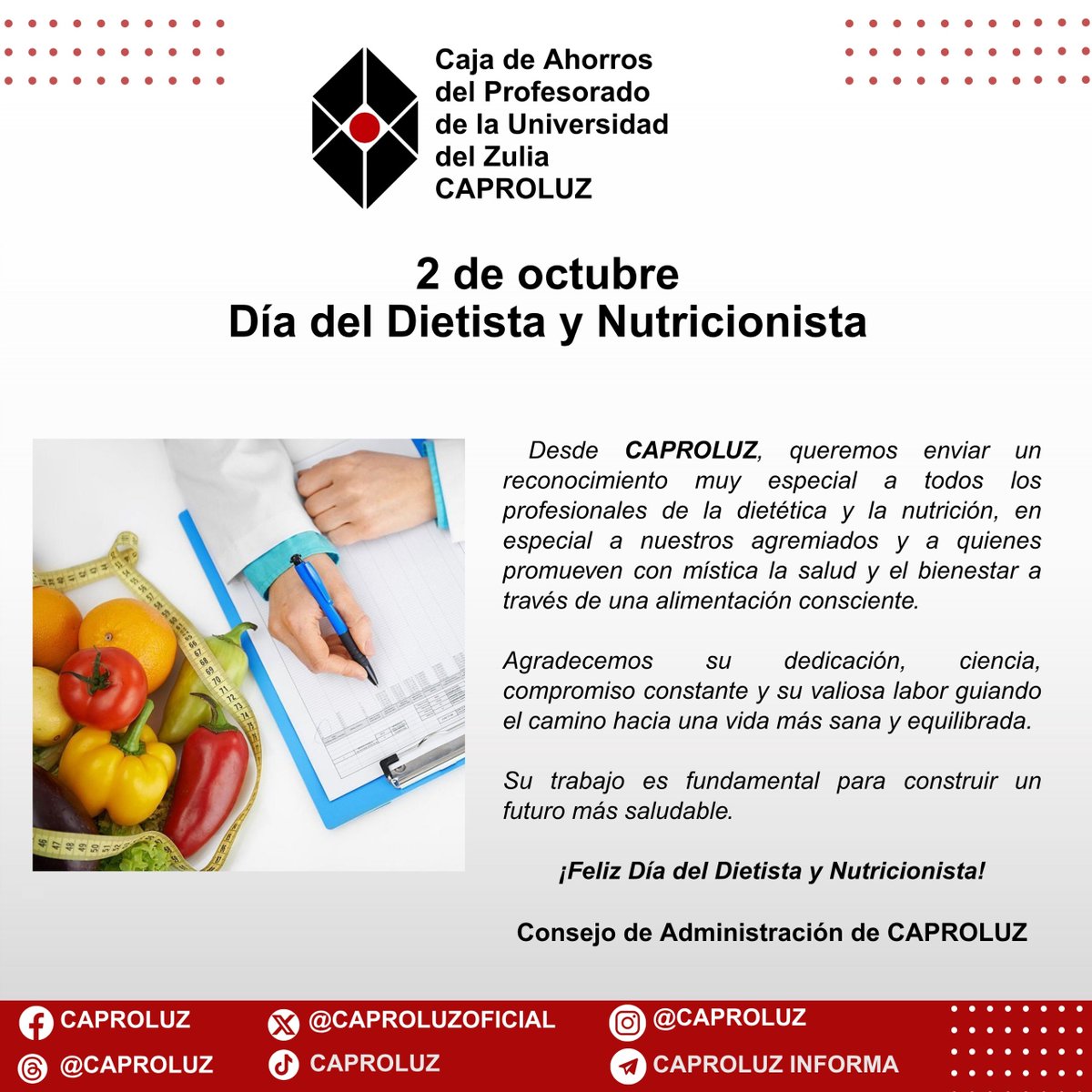 CAPROLUZOFICIAL's tweet photo. ¡Felíz Día del Dietista y Nutricionista!

#caproluz #dietista #nutricionista https://t.co/1To6kFT6jS