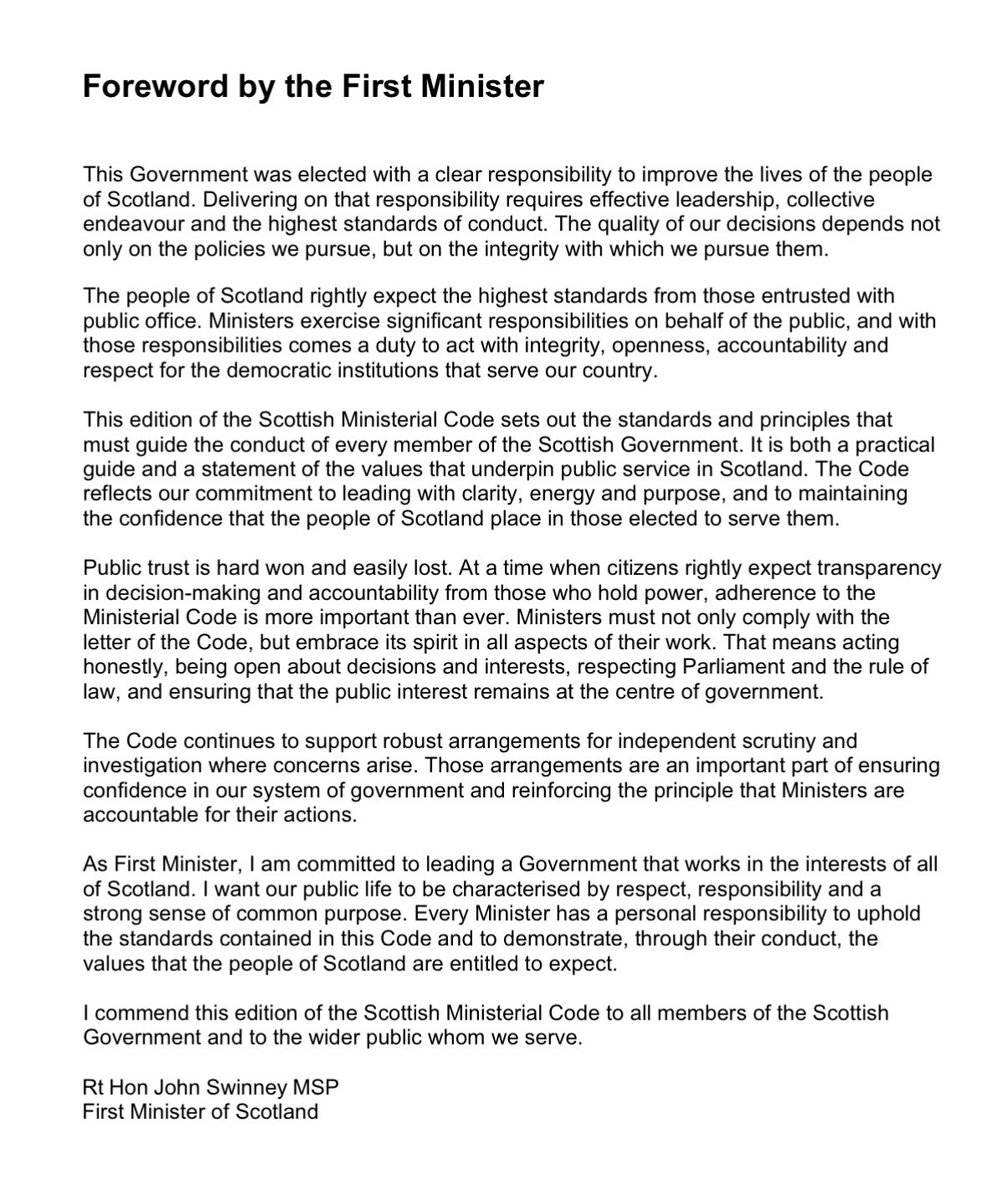 staylorish's tweet photo. Serendipitous timing. The Scottish Government has today published a new edition of the Ministerial Code, including a foreword by @JohnSwinney.

Given the flagrantly false statement he made in parliament yesterday, he is required to offer his resignation… to himself. https://t.co/tq04i8hV9u
