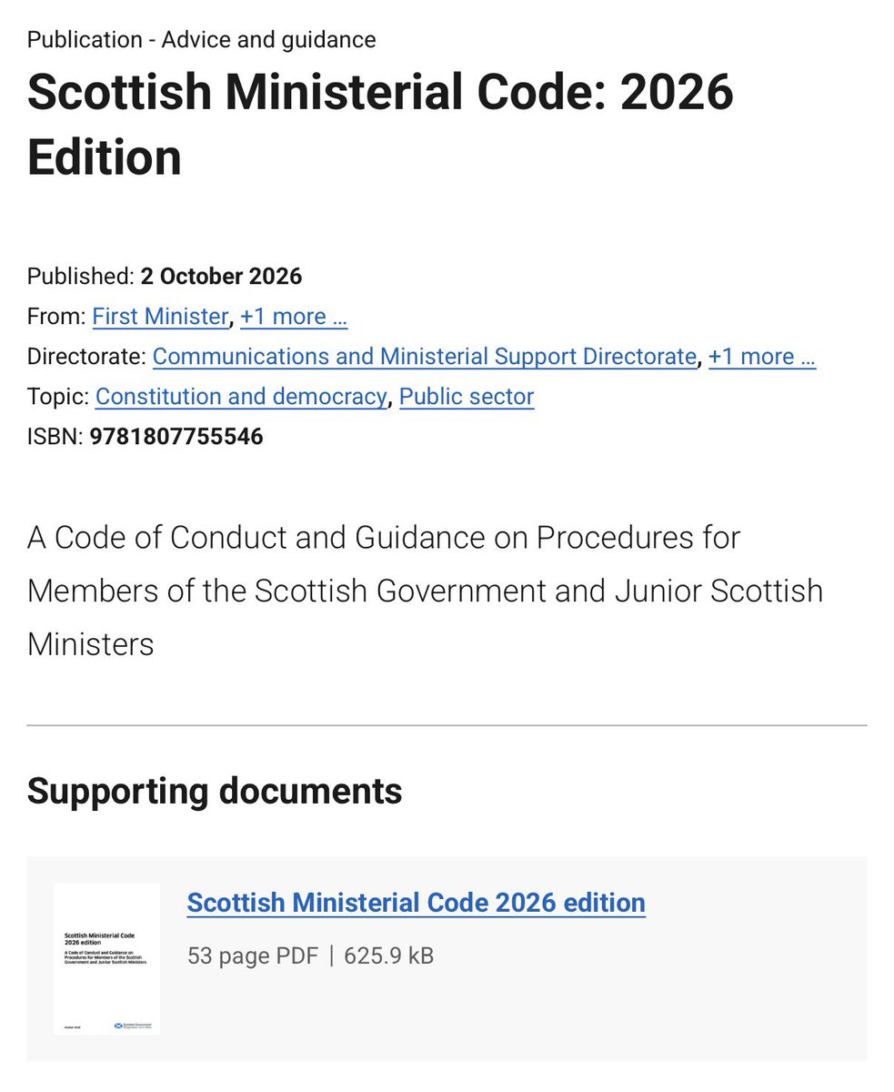 staylorish's tweet photo. Serendipitous timing. The Scottish Government has today published a new edition of the Ministerial Code, including a foreword by @JohnSwinney.

Given the flagrantly false statement he made in parliament yesterday, he is required to offer his resignation… to himself. https://t.co/tq04i8hV9u