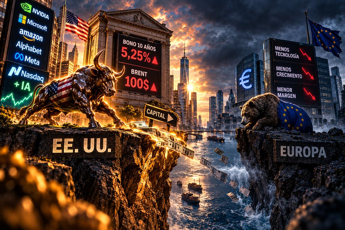 WStreet_Insider's tweet photo. EE. UU. aguanta con el bono a 10 años en el 5,25% y el Brent sobre 100 dólares. Europa, con menos tecnología y menos crecimiento, no tiene el mismo margen.

Mismo shock, distinta resistencia. Cuando sube el riesgo, el capital elige dónde quedarse.

#Europa #Mercados #bonos #brent https://t.co/DYTjM0K3jm