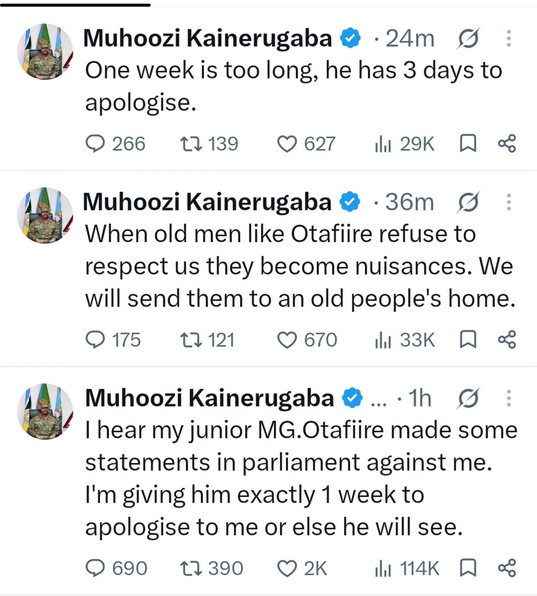 TwahirwaIpha's tweet photo. General #Muhoozi Kainerugaba yategetse Maj Gen (RTD) Kahinda #Otafiire ,ministre w'Amazi muri #Uganda kuba yamusabye imbabazi bitarenze iminsi 3. Abanya Uganda benshi barabona ko aha ngaha yarenze umurongo utukura kuko KO nawe adahina mu mavi 😆. @otafiire_k https://t.co/iS9RRDVRu4
