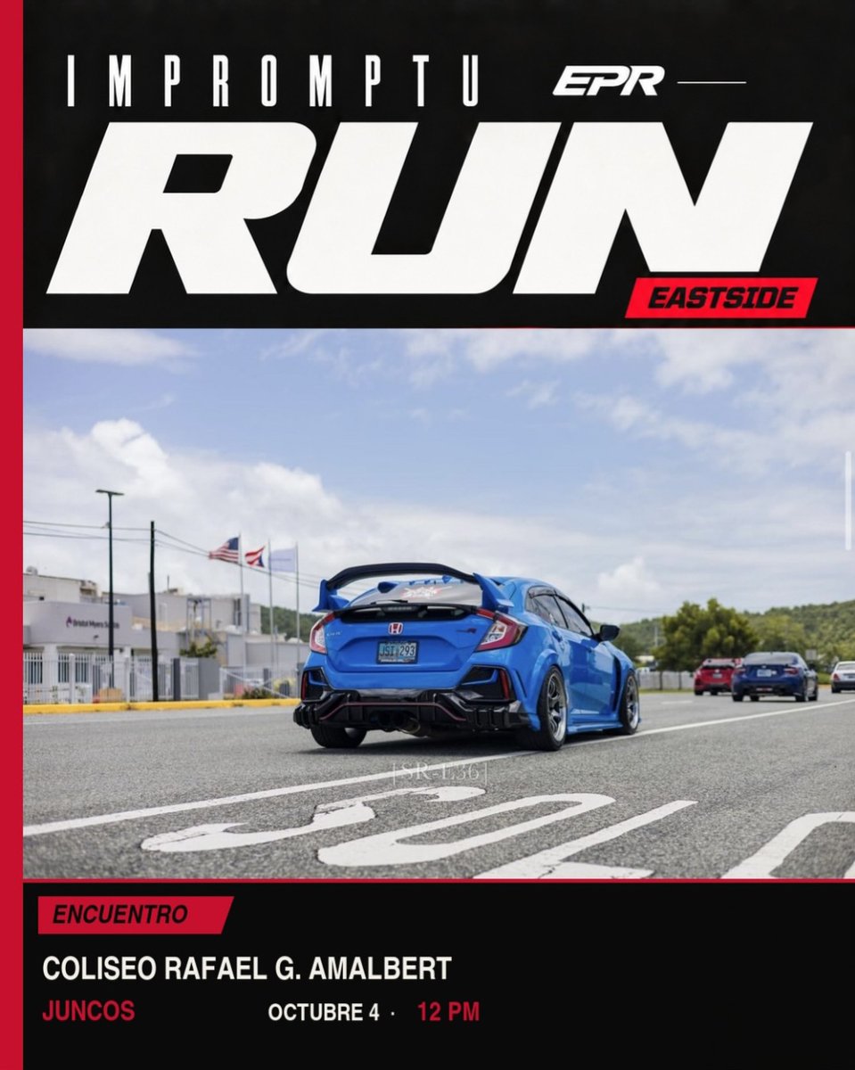 P_R_Racing's tweet photo. 🚗 Impromptu Run Eastside
Domingo 4 de octubre · 12:00 .
Coliseo Rafael G. Amalbert, Juncos
Gratis · Vía @eastside_pr
Info:
#PuertoRicoRacing #EastsidePR #Juncos https://t.co/5aPkQB413d