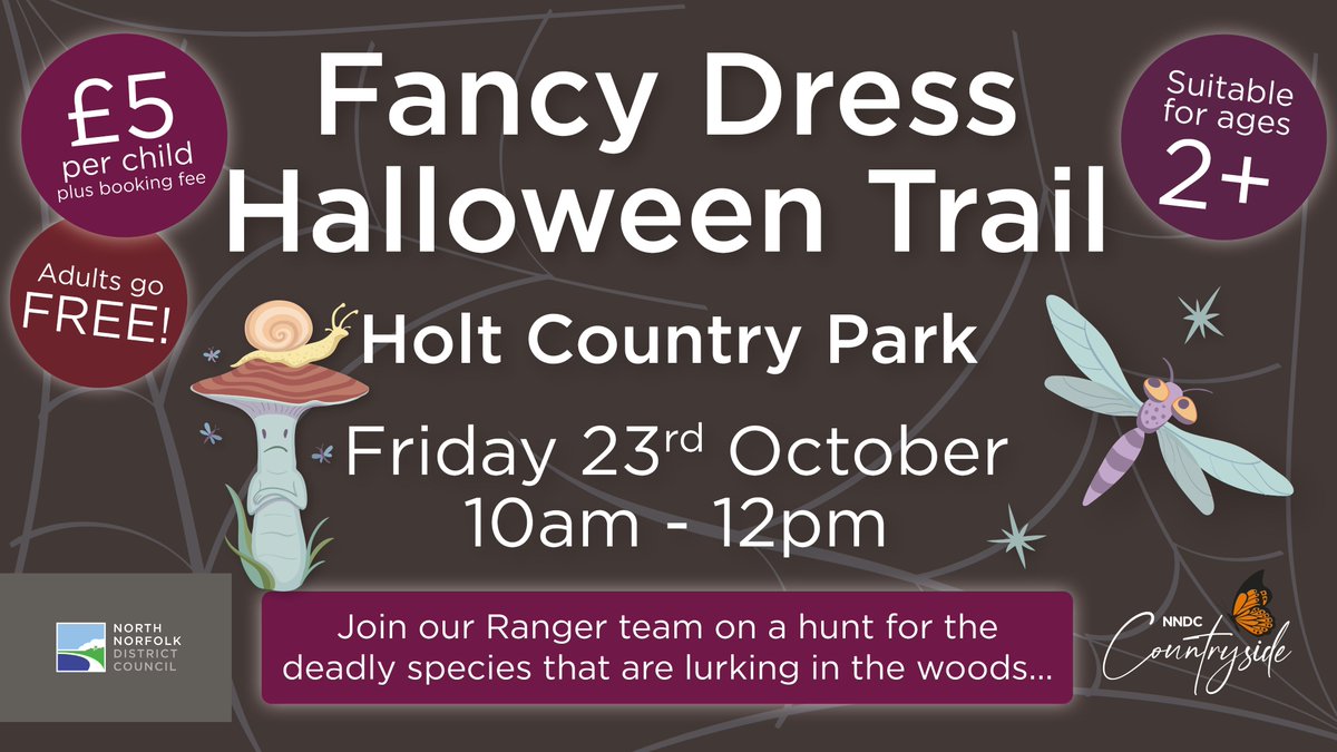 NorthNorfolkDC's tweet photo. HALLOWEEN: Who's feeling spooky? Our Fancy Dress Halloween Trail is back at Holt County Park!

Join us on Friday, 23 October, from 10am to 12pm for a spooky trail through the woods.

Find out more and book your place here: https://t.co/XHgZVma2ym https://t.co/I3w8Kvwd2Z