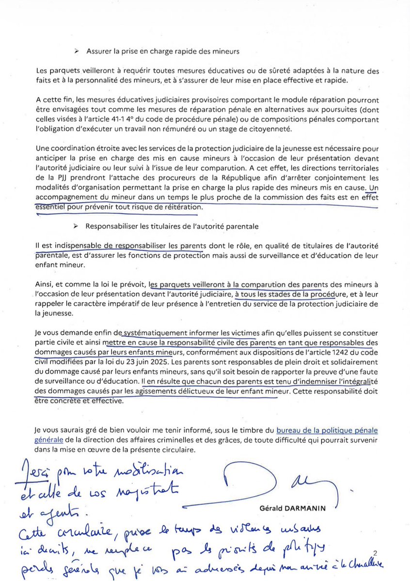 GDarmanin's tweet photo. Dans le prolongement de la réunion de l'ensemble des procureurs généraux hier, j'ai confirmé, par circulaire, la nécessité d'une réponse pénale ferme et rapide contre les violences commises en marge des blocages de lycées. Mineurs pris en charge sans délai, parents convoqués par les procureurs de la République et victimes informées pour engager leur responsabilité civile : la justice est mobilisée.