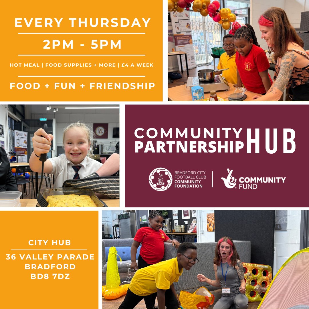 bcafc_cf's tweet photo. The #CommunityPartnershipHub is back π₯³
Join us each Thursday, 2pm - 5pm, at the #CityHub for:
π a hot meal
π½οΈ food supplies
π fun + games + friendship
all for just Β£4 per household π
Full details and register: https://t.co/NrZ4jbYHie
Supported by @TNLComFund π€
#BCAFC https://t.co/qK5BIrrc51