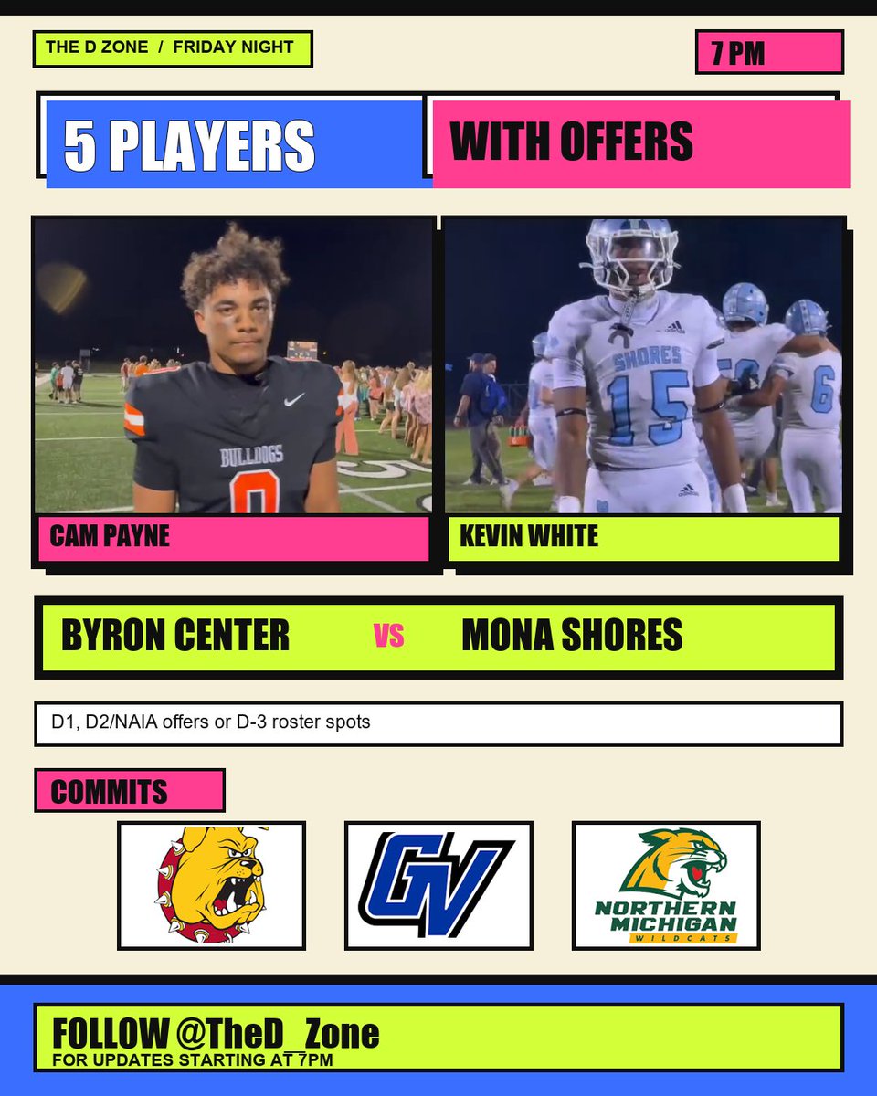 TheD_Zone's tweet photo. Follow @TheD_Zone for updates starting at 7pm.

#15 Byron Center (4-1) vs. #11 Mona Shores (4-1)

@gobcbulldogs @bcvarfootball @MSSailorFball https://t.co/YgH057KGmV