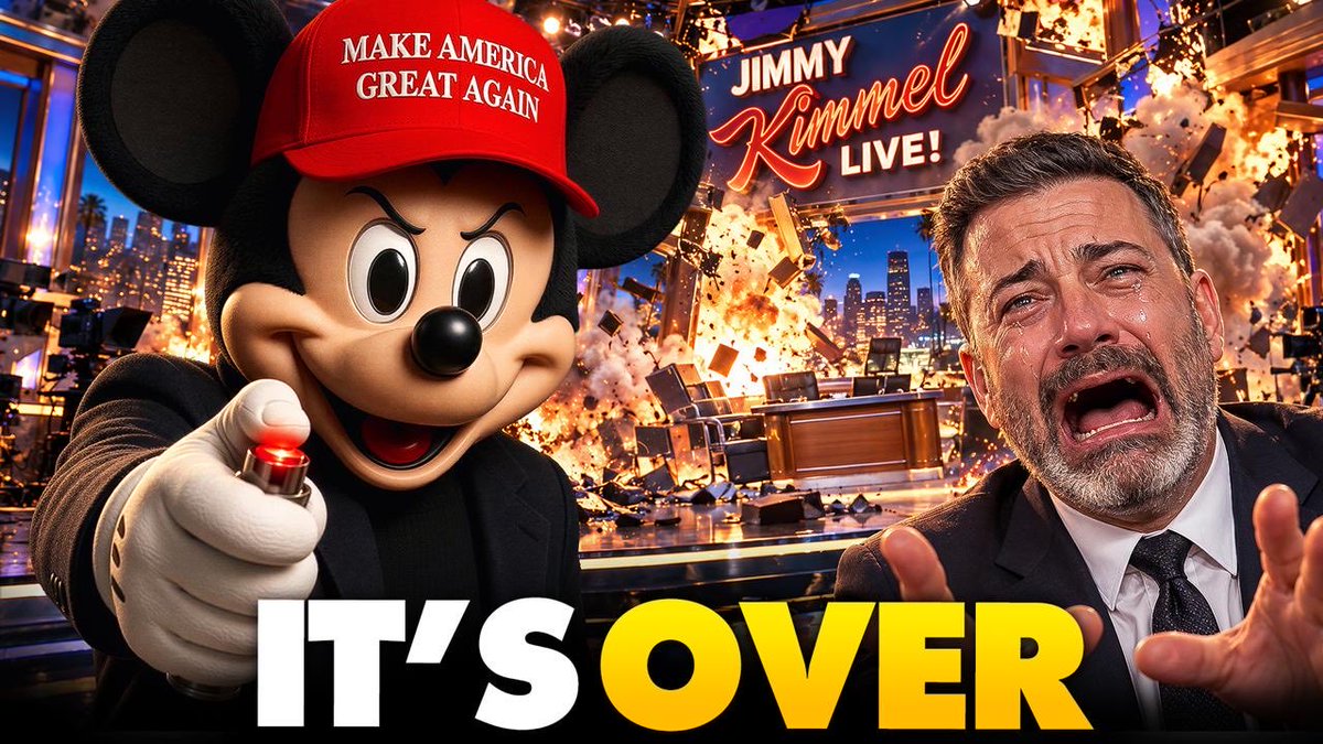 A dramatic thumbnail shows Mickey Mouse wearing a red "Make America Great Again" hat pointing accusingly at a distressed Jimmy Kimmel amid an exploding "Jimmy Kimmel Live!" set, with bold text reading "IT'S OVER" — illustrating the post's claim that Disney's vague statements about Kimmel's show being "very challenging" signal its impending cancellation.