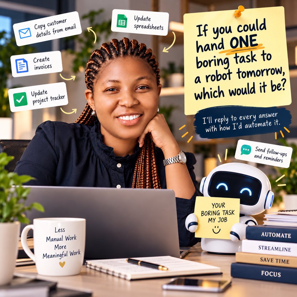Ngozi_Akaba's tweet photo. If you could hand ONE boring task to a robot tomorrow, which would it be?
I'll reply to every answer with how I'd automate it. https://t.co/TbQZ7o32N3