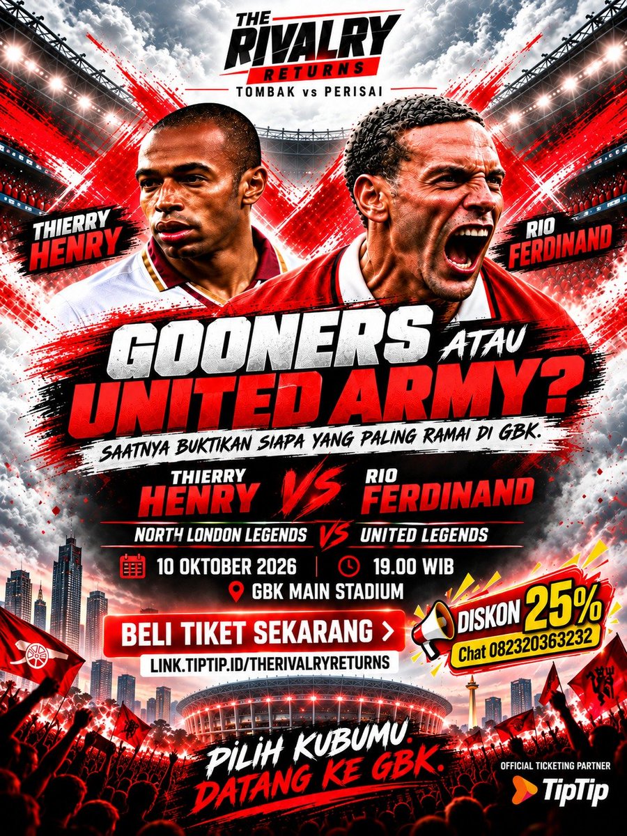 junjunqqr's tweet photo. Ga sabar banget nunggu Sabtu, 10 Oktober 2026. Legenda United bakal ketemu Legenda North London di GBK dalam laga #TheRivalryReturns. Ini beneran laga nostalgia Premier League yang wajib ditonton! https://t.co/3hPqp7eqzU