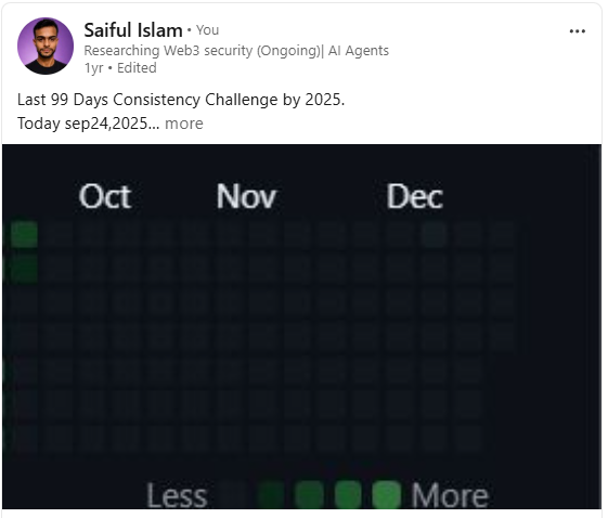 web3_Saifu's tweet photo. Last year, I shared my 99-day GitHub consistency.

Today, Oct 2, 2026, I’m still going. 🚀

I went deep into Smart Contract Security across 10–12 DeFi domains.

So I’m expanding into Full-Stack Blockchain Development.

Security gave me the mindset.
#Blockchaindevelopment https://t.co/BskbbWPLpc