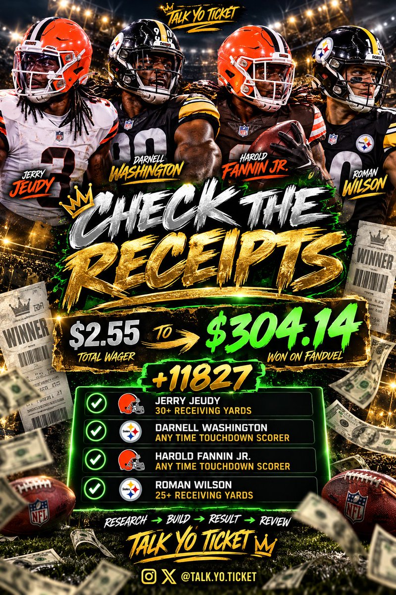 Talk_Yo_Ticket's tweet photo. $2.55 → $304.14. 🧾💰🔥

+11827 ✅

Jeudy 30+ yds
Darnell Washington TD
Harold Fannin Jr. TD
Roman Wilson 25+ yds

RESEARCH → BUILD → RESULT → REVIEW.

CHECK THE RECEIPTS. 👑

#TalkYoTicket #NFL https://t.co/3fCMw0PpB5