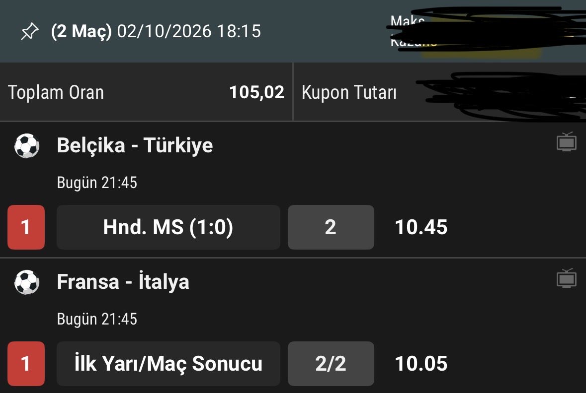 hmmhees's tweet photo. @heraklas2 @kabasakalsahada Bende bugün 2 maça bomba denenim. 105 oranlı. Sanki gelecek gibi hissediyorum istersen bi değerlendir. https://t.co/cxXfWdYTp0