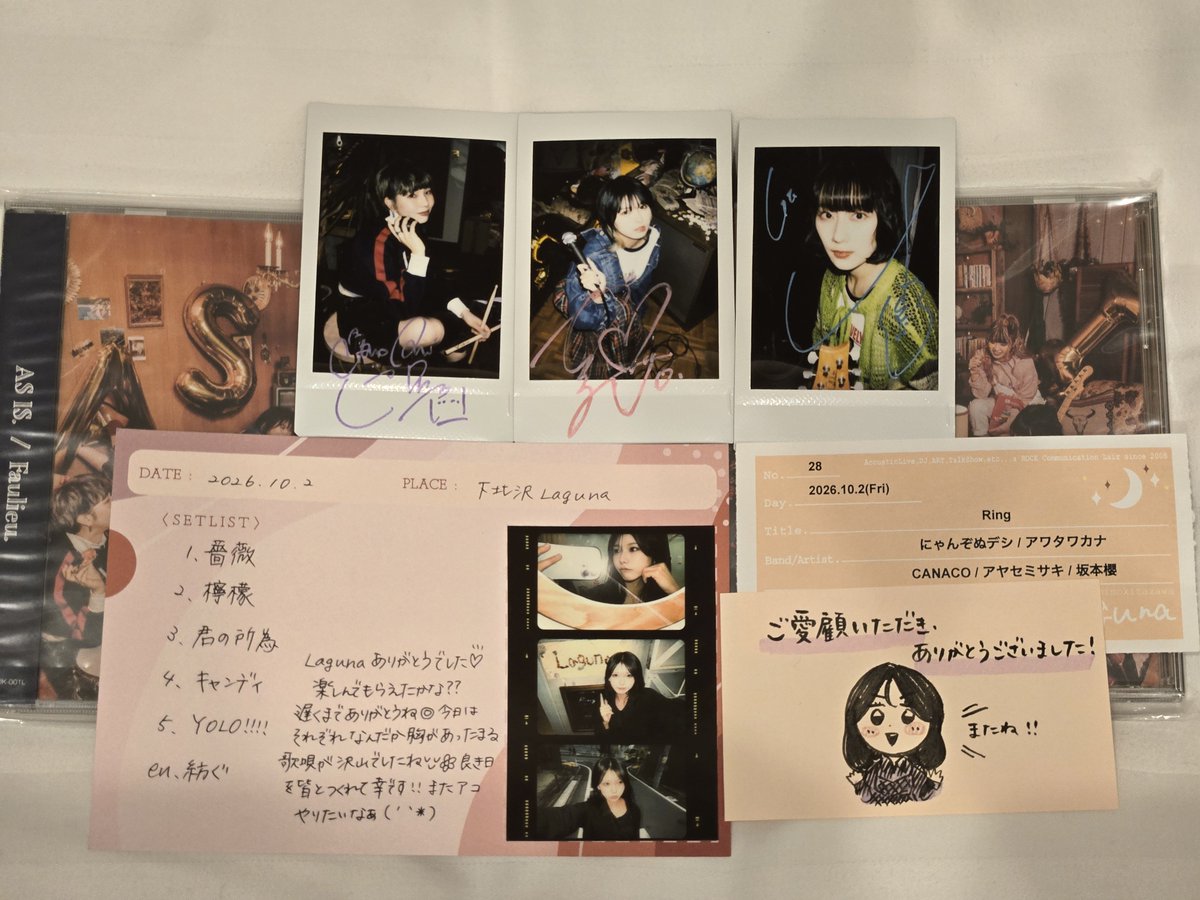 shinya7531's tweet photo. @ccmk316 會場盤的チェキ竟然是有簽名的！
可惜明信片一人只能買一張，先買兩張CD出KAHO和MIMORI，再追加一張終於出CANACO了😭
和物販的大姐(經紀人？)說我從台灣來的她就把CANACO畫的小卡送給我😆 https://t.co/ga6frf4Zgd