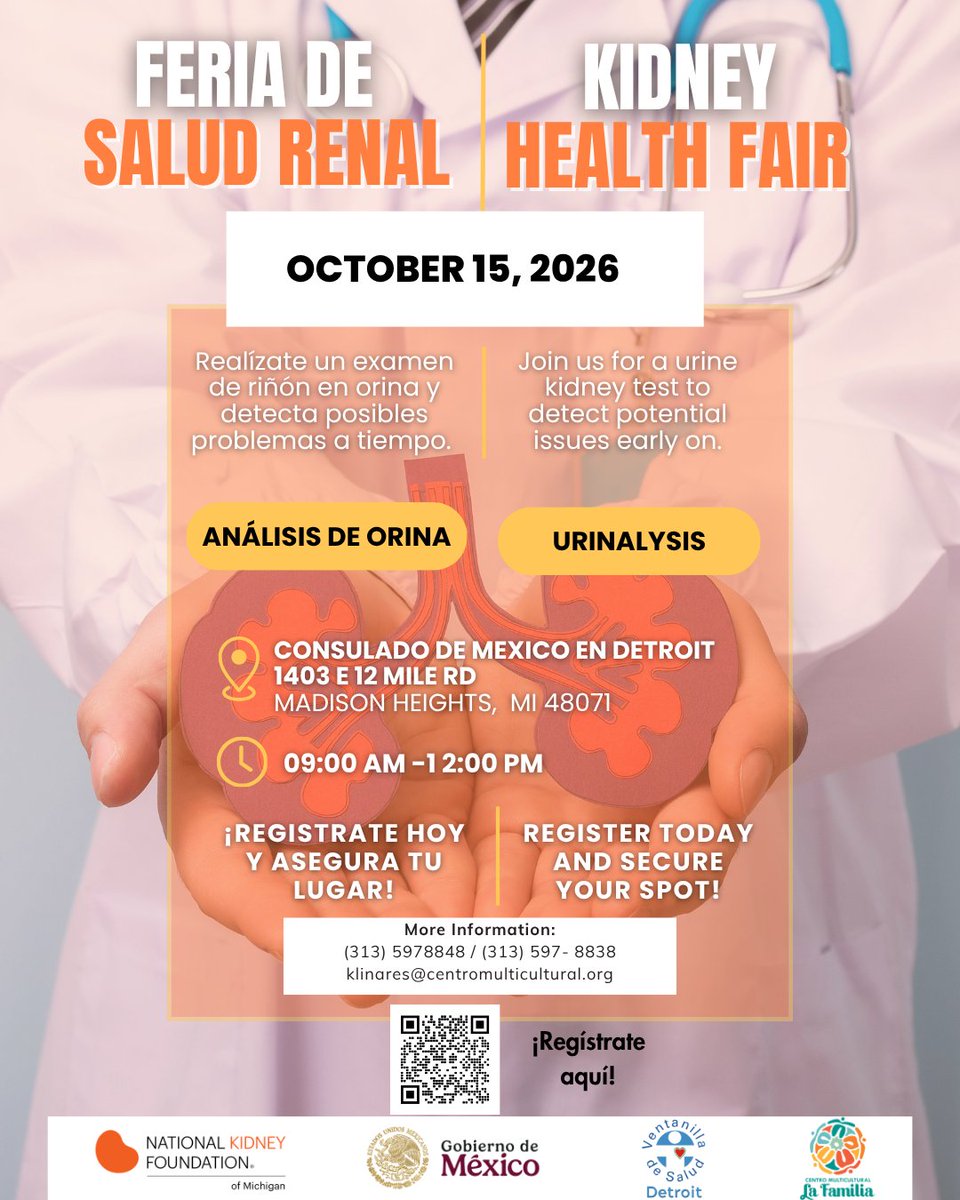 consulmexDET's tweet photo. En el marco de la Semana Binacional de Salud, nuestra #VDS te invita a participar en la Feria Gratuita de Salud Renal.
📅 Jueves 15 de octubre, 2026
🕘 9:00 a.m. a 12:00 p.m.
📍 Consulado de México en Detroit: 1403 E 12 Mile Rd, Madison Heights, MI 48071 https://t.co/4ftqFnAZ3c