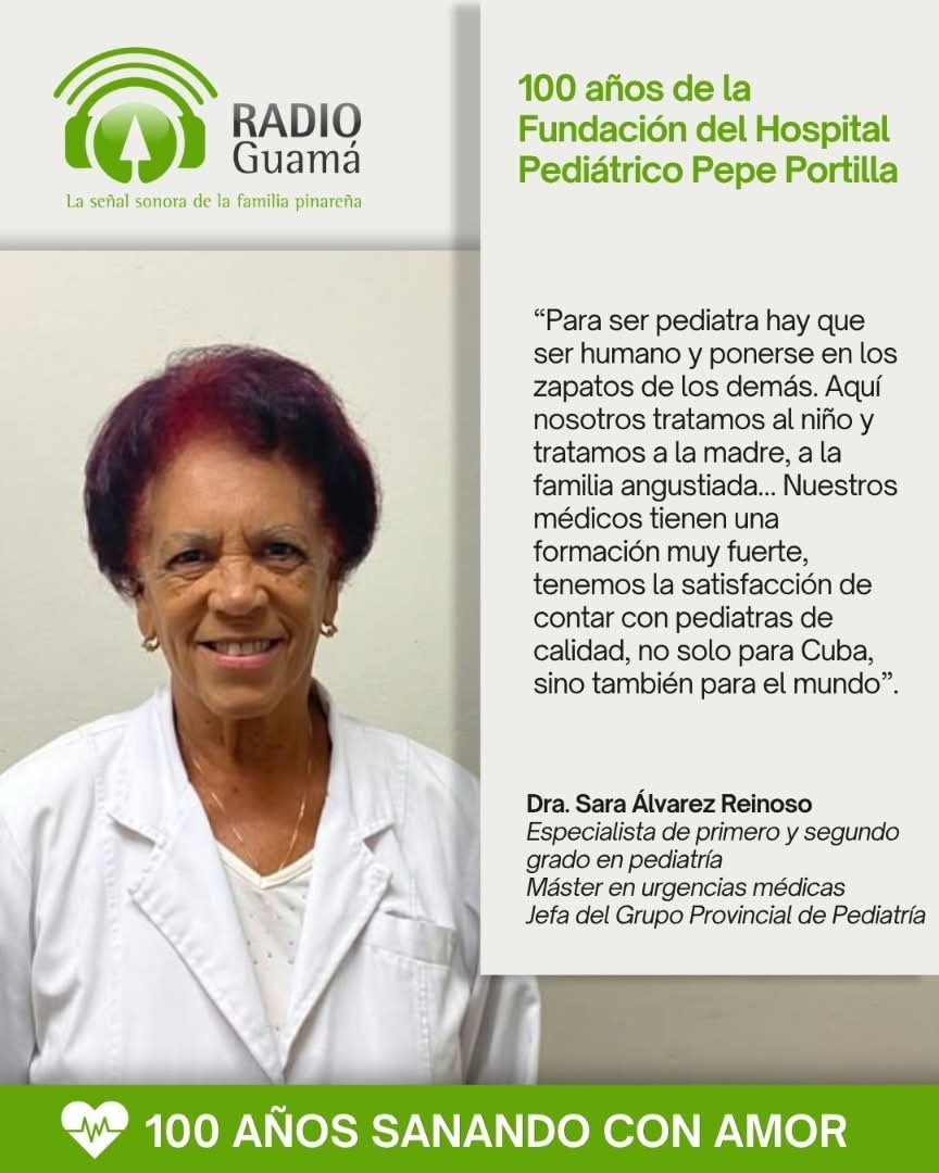 Radio_Guama's tweet photo. 👩🏾‍⚕️| “Aquí tratamos al niño, a la madre y a toda la familia, porque cuando un niño enferma, toda la familia se desestabiliza”, refiere Sara Álvarez Reinoso, quien labora en el Hopital Pediátrico Pepe Portilla de #PinardelRío, desde 1973.

#100AñosSanandoConAmor 
#CubaPorLaVida https://t.co/tpHKtOisNM