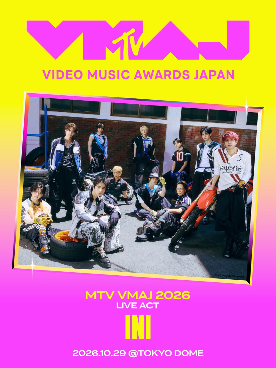 MTV_JAPAN's tweet photo. ／
#VMAJ2026 オフィシャル先行は10月4日(日)23:59まで！
＼

音楽アワードとライブが融合した #VMAJ2026🏆

INIの出演が決定！
@official__INI

チケット詳細はこちら▼
https://t.co/blDSlGE5em

#INI https://t.co/FeIUa9RIJ1