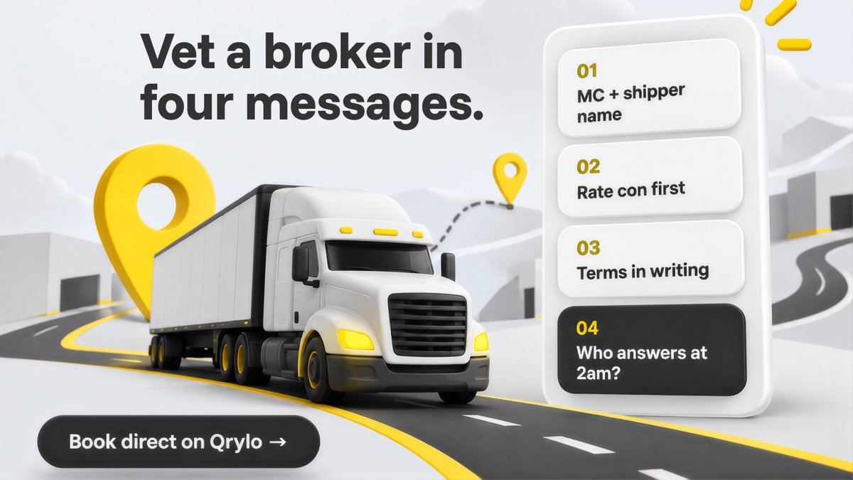 Qrylo_Official's tweet photo. How to vet a broker in 3 messages:
MC# + shipper → rate con + payment terms → after-hours contact.
If they won't disclose basics, walk away.
Book direct on Qrylo instead. https://t.co/3A5J61mdBt