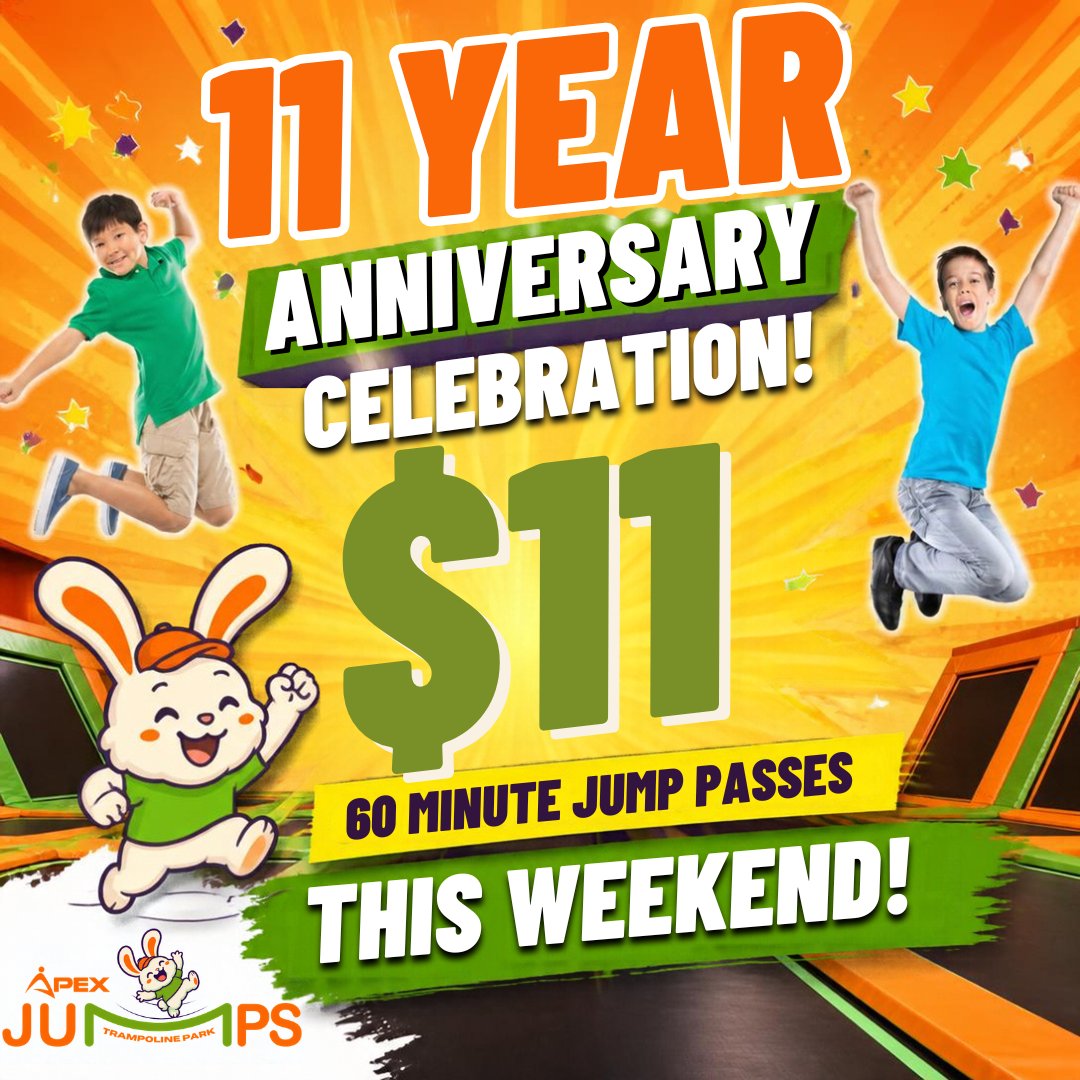 AJWesterville's tweet photo. 🎉11 YEARS OF APEX JUMPS!🎉
We’re celebrating with $11 60-minute jump passes!
📅 This weekend only!
Come celebrate our 11th anniversary with us! 🥳
#apexjumps #anniversarysales #FamilyFun #indoortrampolinepark #trampolinepark #indooractivities #westervilleohio https://t.co/CxdtuoqEG3