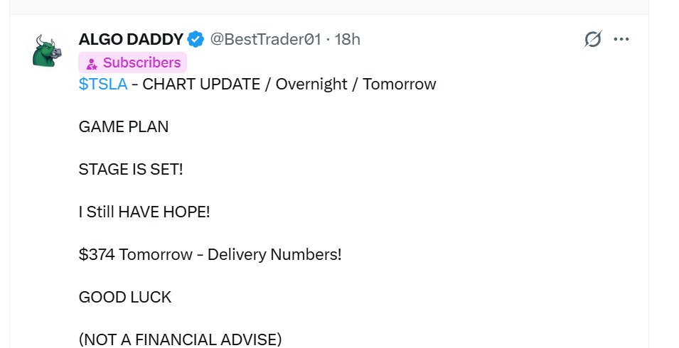 $TSLA - GOD IS GREAT!

THERE IS NO ONE ON THE PLANET!

Posted to my Subscribers Yesterday!

Subscribe and Win! 
 [📷](https://pbs.twimg.com/media/HTou1mLWAAAur0