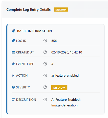 ActivityLog's tweet photo. Working on a logger for WP AI &amp; it's core Connectors.

The aim is to log things like an AI provider API key change, AI feature toggles, and access being approved, denied or revoked.. but without ever storing keys or prompt content.

Still a WIP. Anything you'd also add? https://t.co/0JPla14XoI
