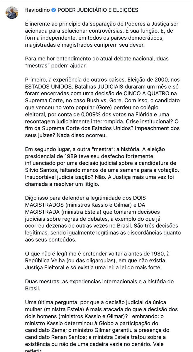 eixopolitico's tweet photo. 🇧🇷 Ministro Flávio Dino defende a legitimidade de decisões judiciais durante as eleições, citando como precedentes o caso Bush x Gore, nos EUA em 2000, e a candidatura de Silvio Santos em 1989.

Ele também questionou por que a decisão da ministra Estela Aranha, do TSE, “é mais atacada”do que as de Kassio Nunes Marques e Gilmar Mendes, que trataram de temas semelhantes.