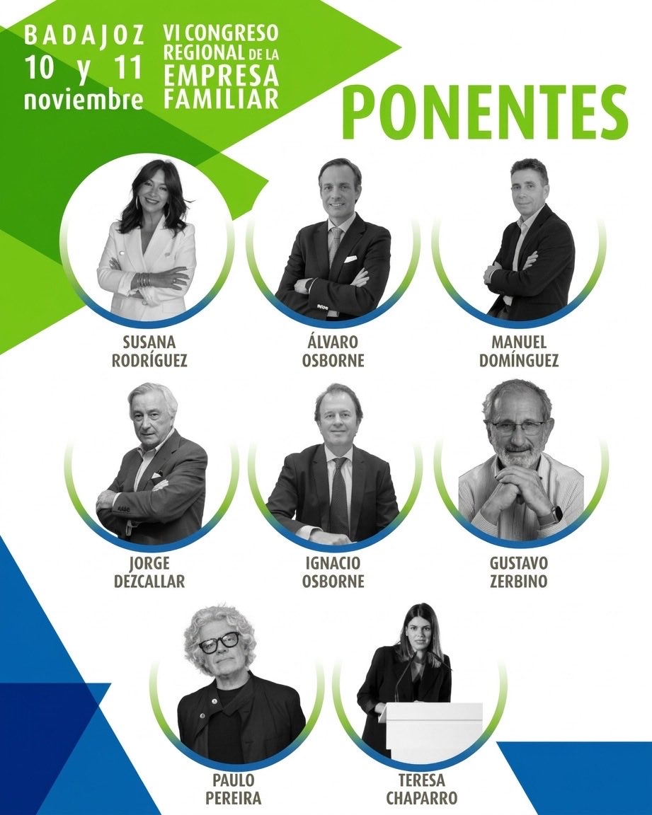 AeefExt's tweet photo. 📣 ¡Últimos días para aprovechar la tarifa reducida del VI Congreso Regional de la Empresa Familiar!

📅 10 y 11 de noviembre 📍 Badajoz

👉🏻Inscríbete antes del 15 de octubre y disfruta de una cuota especial.
🎟️ ¡Reserva tu plaza!
👉 https://t.co/xxvwyXjp3a
#AEEF #EmpresaFamilia https://t.co/kDIsyxjvTZ