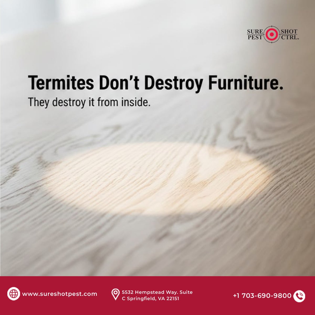 sure_shotpest's tweet photo. Hidden Termite Damage Can Start Inside

Termites can quietly damage wooden furniture from the inside before visible signs appear. Stay alert and schedule a termite inspection if you notice signs of wood damage.

Call +1 703-690-9800

🌐 https://t.co/aO95f9C6Ck

#TermiteControl https://t.co/YrfJzbYrHA