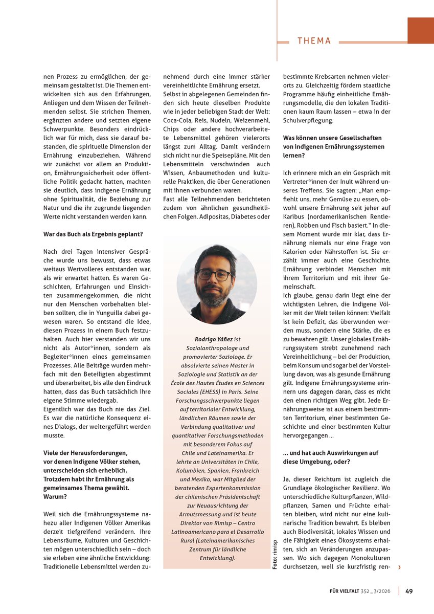 Rimisp's tweet photo. #RimispEnLaPrensa 🇩🇪 | Rodrigo Yáñez, director de Rimisp, fue entrevistado en revista alemana Für Vielfalt sobre los aprendizajes del libro "Cultura Alimentaria Indígena", desarrollado por @Rimisp, gracias al apoyo de @IDRC_LAC @IDRC_CRDI 
#PueblosIndígenas #SistemasAlimentarios https://t.co/gu0Y4LIKZU